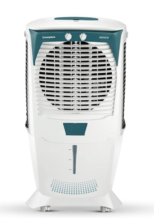 Crompton Ozone Desert Air Cooler- 55L; with Everlast Pump, Auto Fill, 4-Way Air Deflection and High Density Honeycomb pads; White & Teal